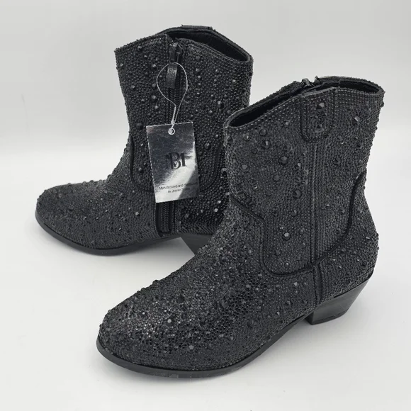 NWT Badgley Mischka Girls’ Sparkly Cowgirl Boots, Black Rhinestones - Picture 8 of 16